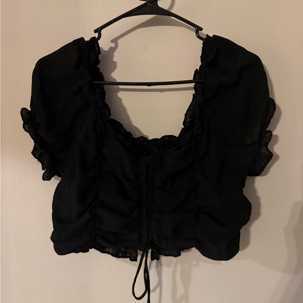 Iris Black Ruched Milkmaid‎ Crop Top Short Sleeve Ruffle Smocked Blouse Large